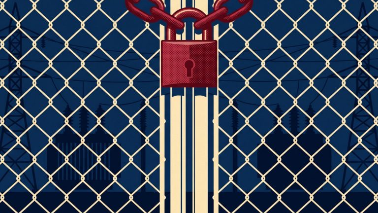 Chain and padlock on a chain-link fence gate with substation transformers and towers behind it