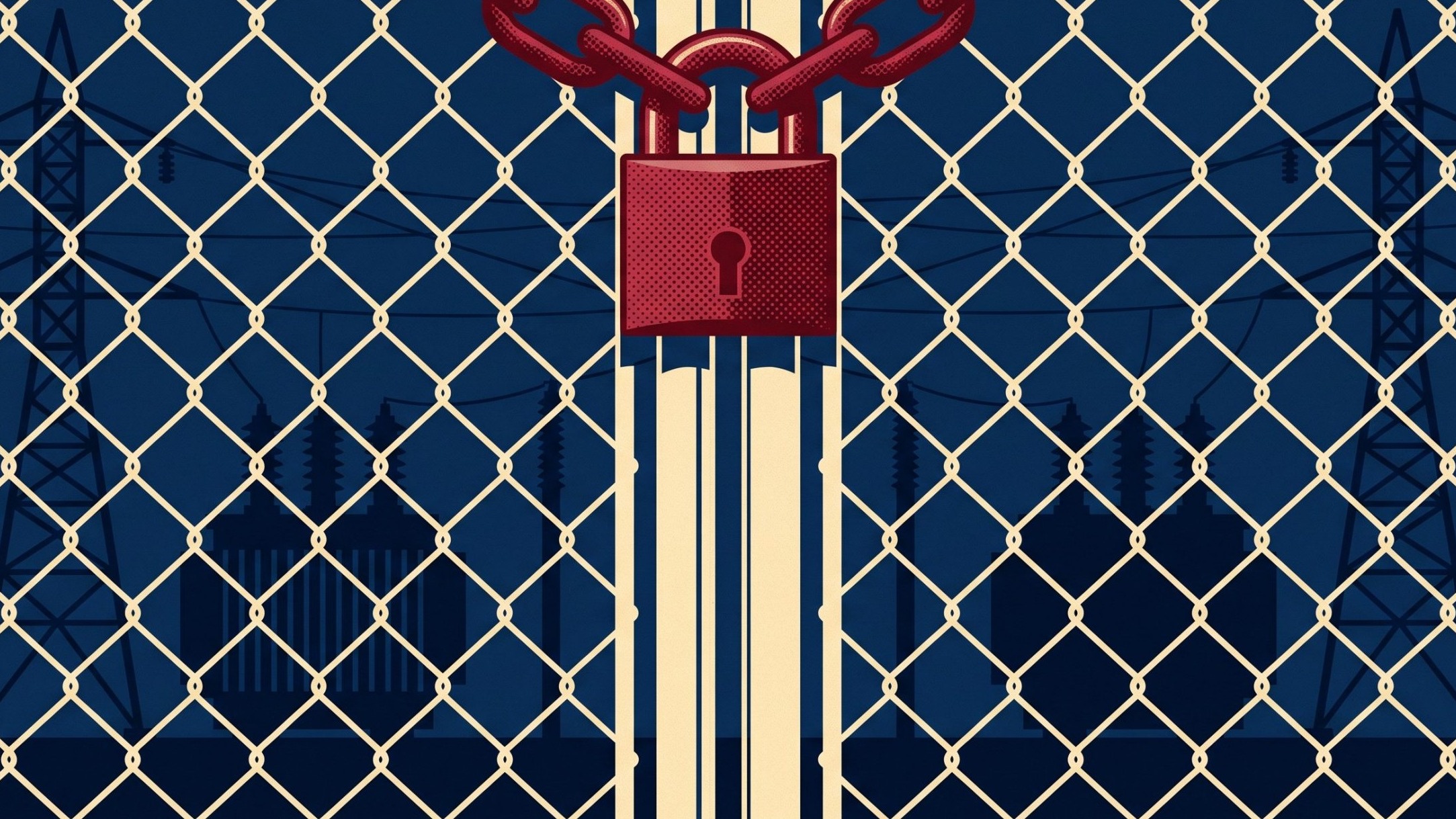 Chain and padlock on a chain-link fence gate with substation transformers and towers behind it